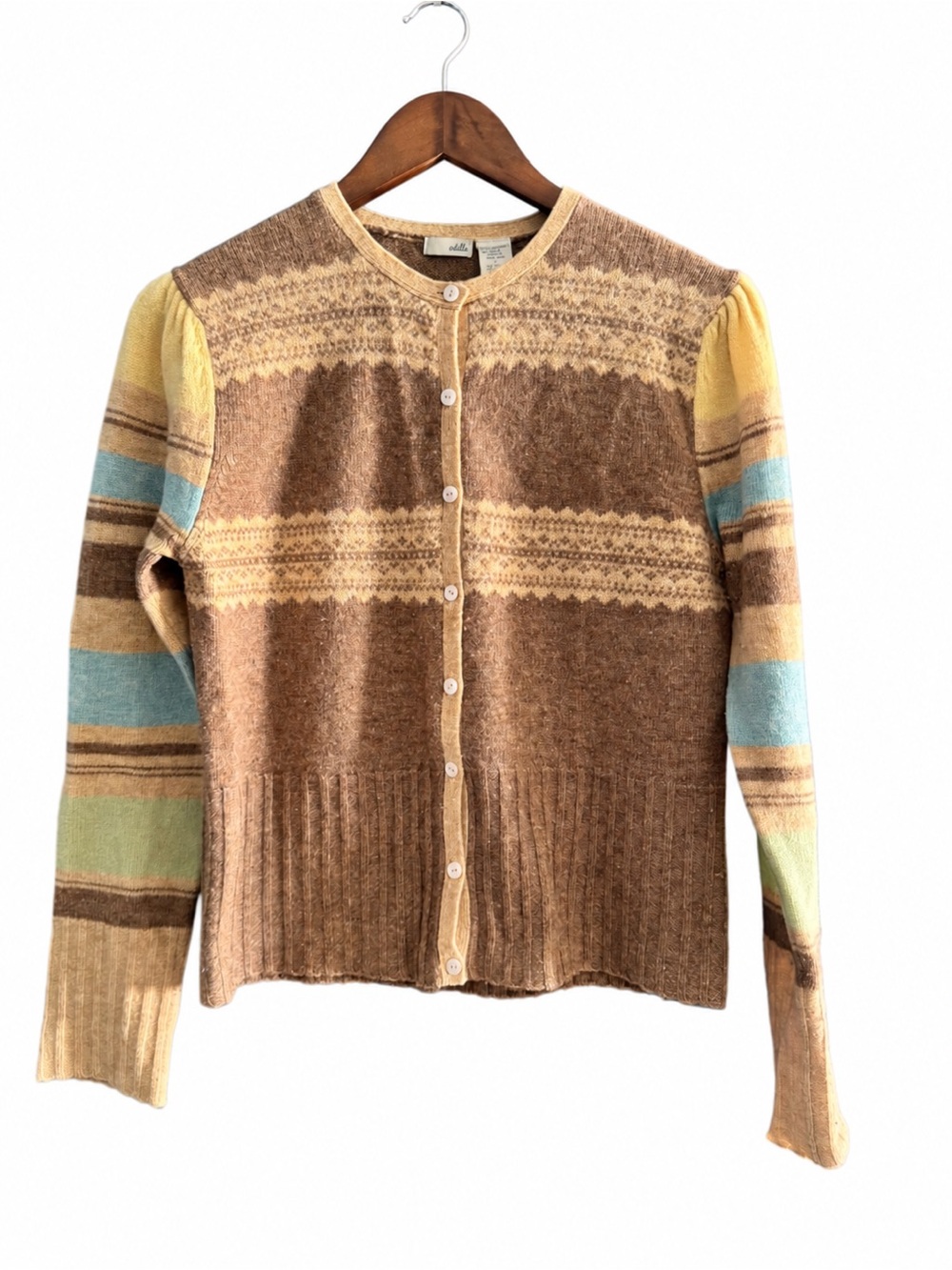 Vintage Odille Anthropologie Lambswool Fair Isle Cardigan Sweater Women's L